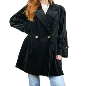 Vintage 70s Black Faux Velvet Oversized Large Peacoat Style Winter Jacket Coat